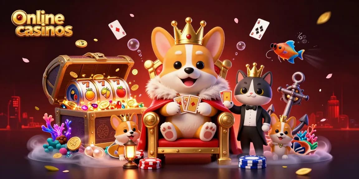 Engage with exciting online casinos featuring a royal corgi on a poker chip throne and lively gaming elements.
