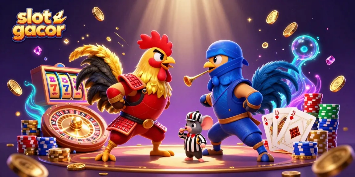Menghadirkan slot gacor dalam ilustrasi digital 3D dari dua ayam bertarung, satu bersenjatakan samurai dan yang lainnya ninja.