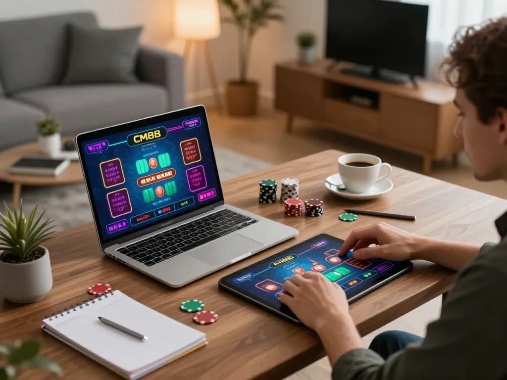 Player enjoying online blackjack with CM88 on a modern home setup, showcasing a strategic gambling experience