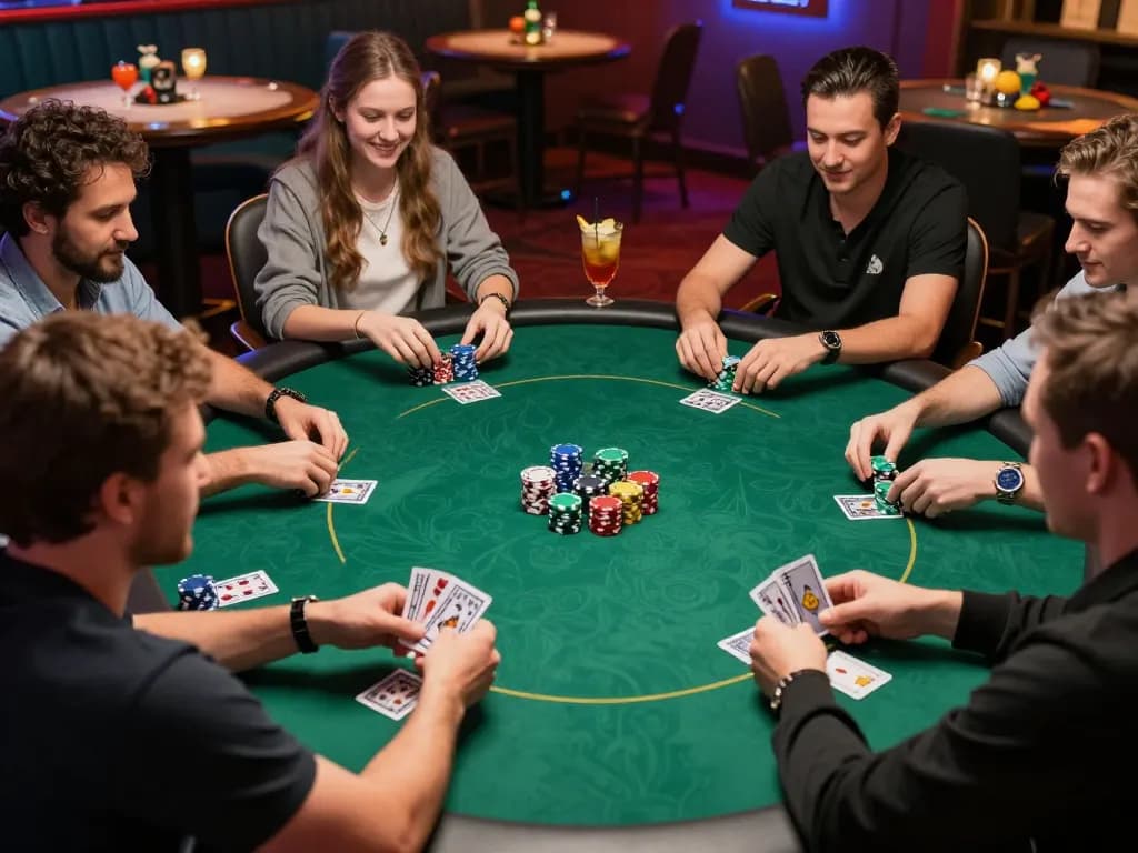 MPOID players engaging in a dynamic poker game with stacked chips and cards visible.