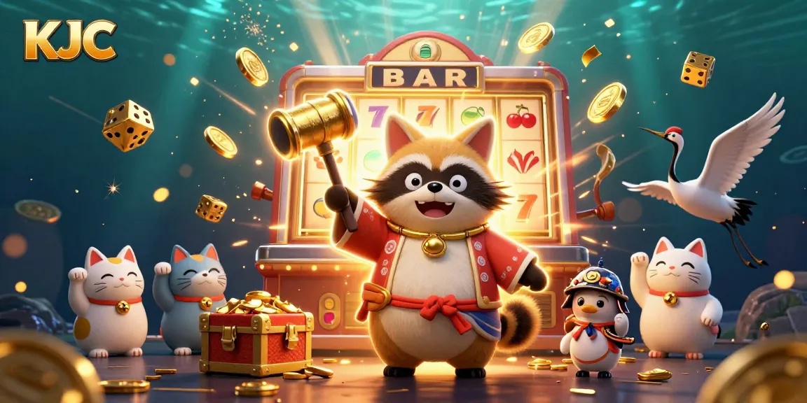 KJC celebrates gaming with a tanuki and crane in a vibrant festive scene filled with casino elements.