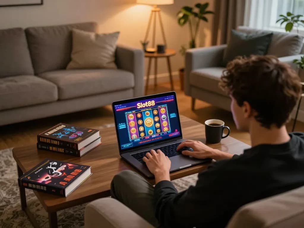 Engaging with Slot88 on a laptop in a cozy living room, showcasing online casino gaming.