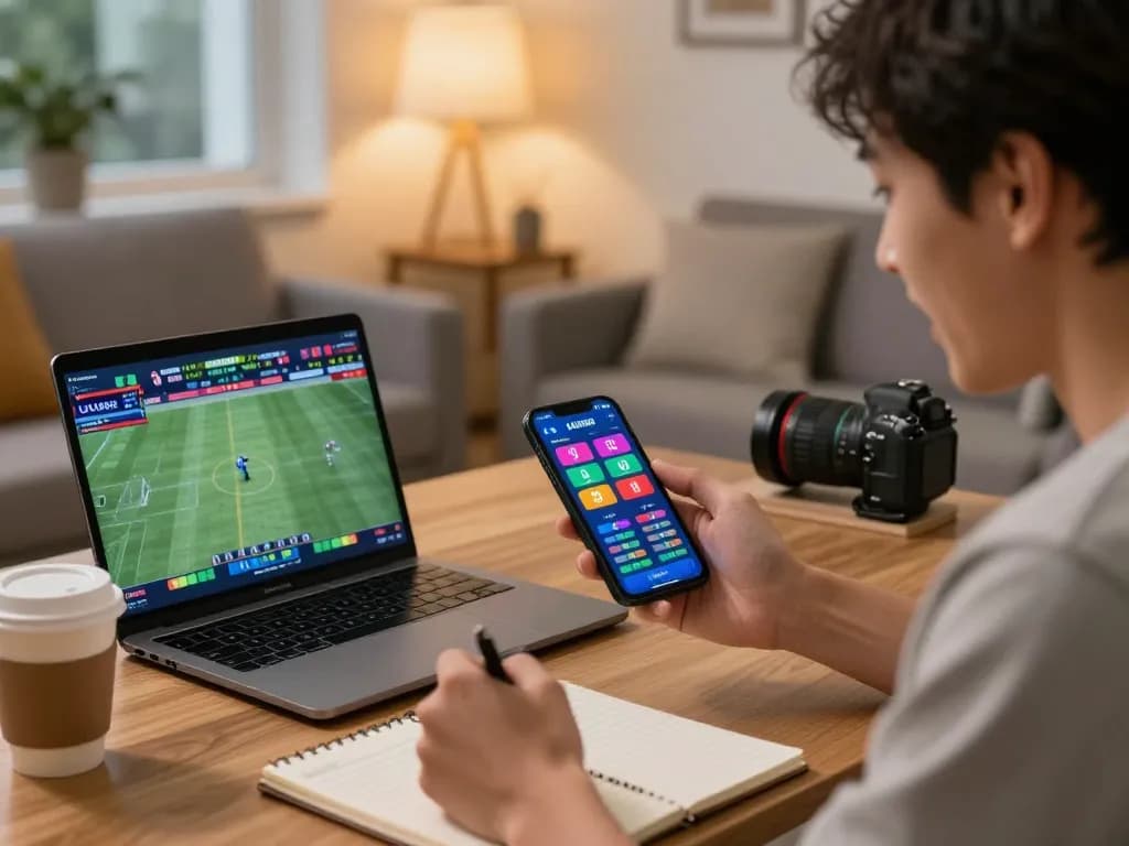 Excited bettor using uu88 app on smartphone in a cozy setting, with live sports on laptop.
