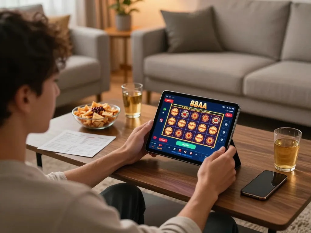 Player enjoying online gaming on the 88AA app in a cozy living room.