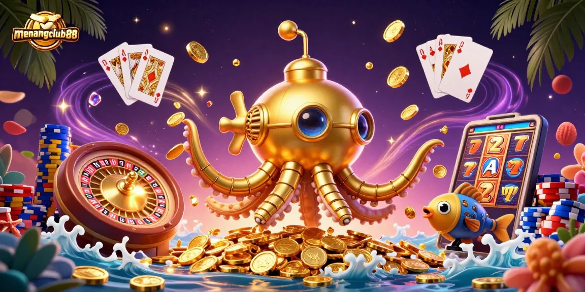 Experience the thrill of menangclub88 gaming with golden kraken and cascading coins in vibrant 3D illustration.