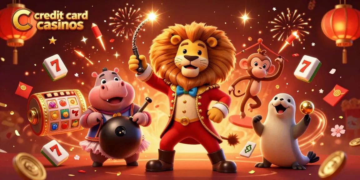 Engage with the exciting world of credit card casinos featuring vibrant 3D characters, slot reels, and festive decorations.