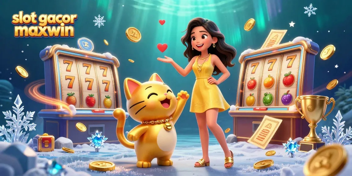 Catch slot gacor maxwin with an Asian woman and a lucky cat among slot reels and vibrant game elements