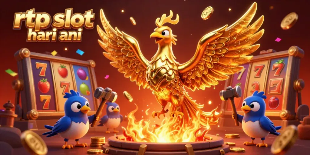 Experience rtp slot hari ini with vibrant golden phoenix and slot reels in a dynamic casino scene.