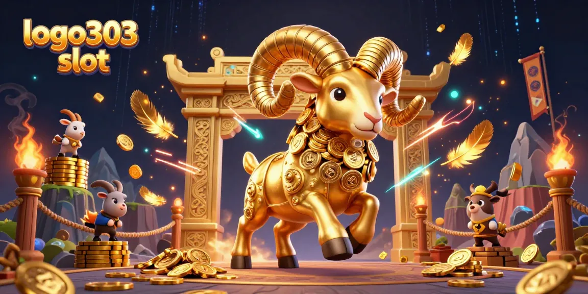 Meraih kemenangan dengan logo303 slot, ram emas berlari di arena, dikelilingi koin emas.