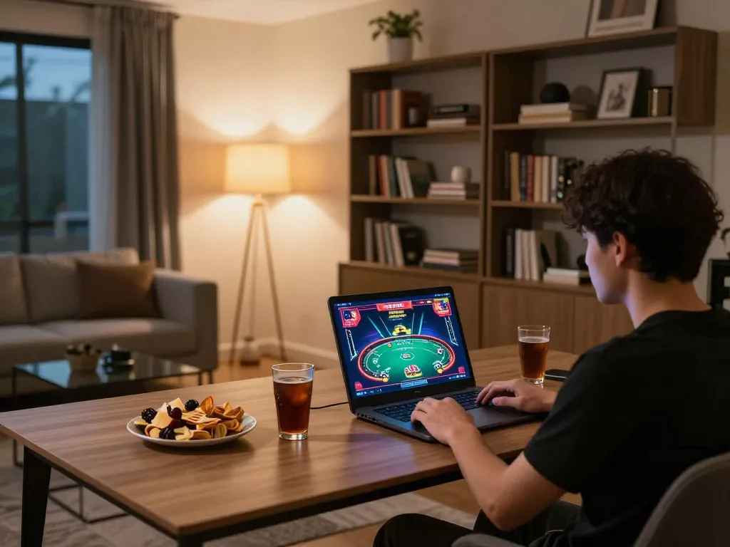 Engaged player explores Kkwin's online casino game in a cozy home setup.
