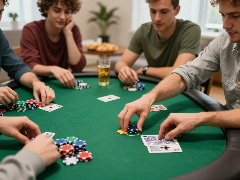 Friends enjoying a poker night while playing dh88 at home, showcasing vibrant poker chips and cards.