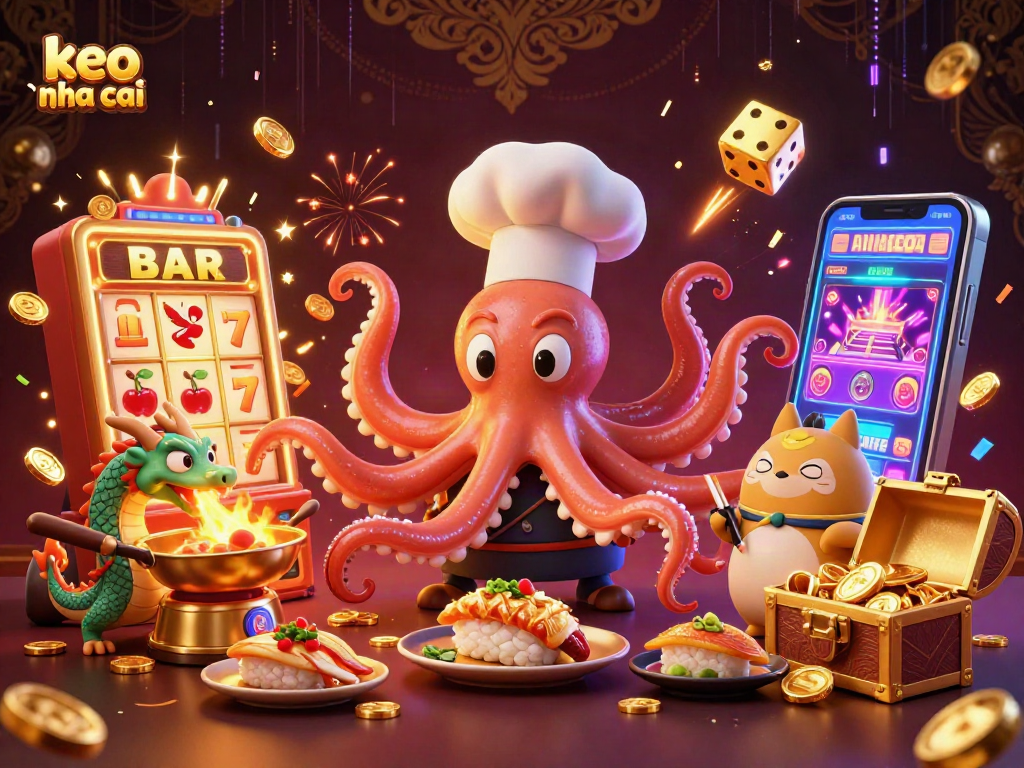 Engage with keo nha cai in thrilling casino action featuring a dynamic scene of an octopus chef and dragon.