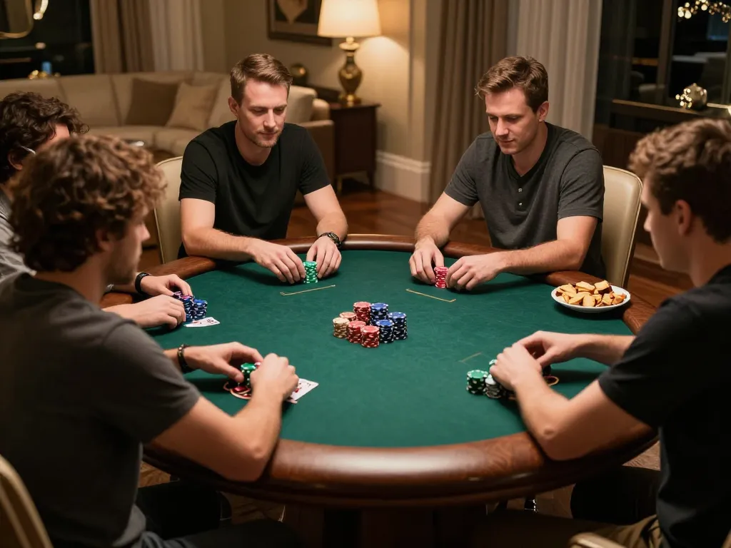 GO88 players strategizing at a luxurious home poker table, showcasing friendly competition and vibrant atmosphere
