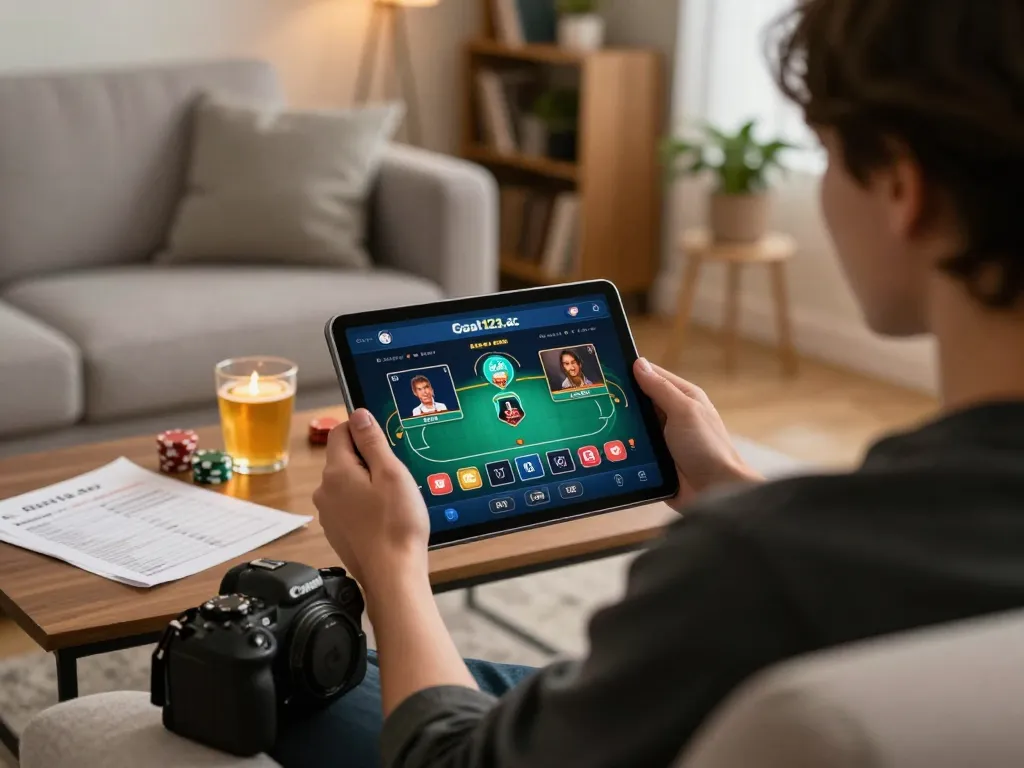 Engaging in online gaming at goal123.ac, showcasing poker options on a tablet with cozy home aesthetics.
