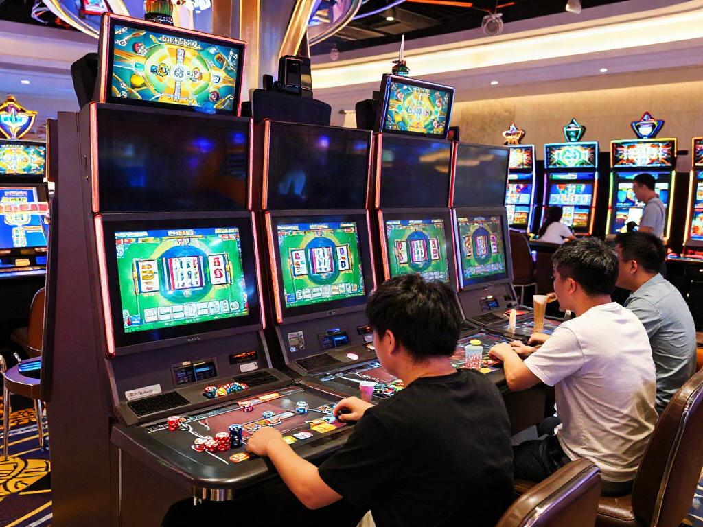 Pengalaman bermain mahjong slot di kasino modern dengan pemain antusias dan mesin slot bertema Mahjong.