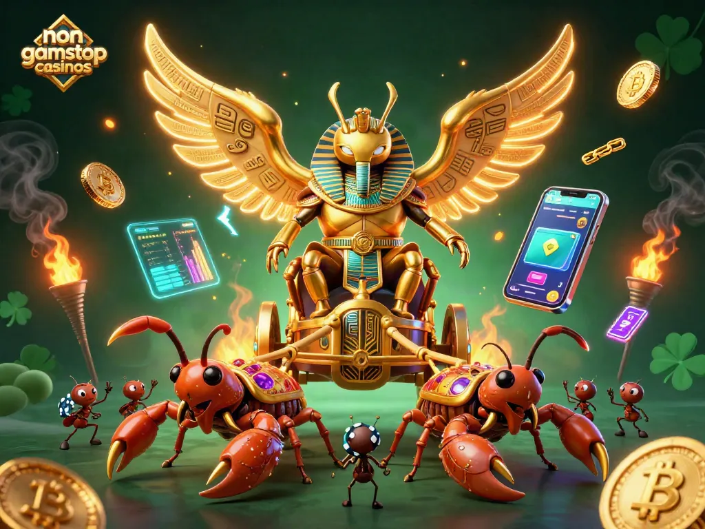 Experience exciting gameplay at non gamstop casinos with a dynamic scene of 3D characters, crypto elements, and casino symbols.