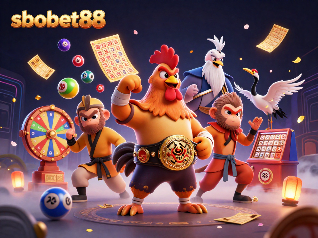 Engage with sbobet88 as the fierce Muay Thai rooster and friends celebrate game wins amidst lottery excitement.