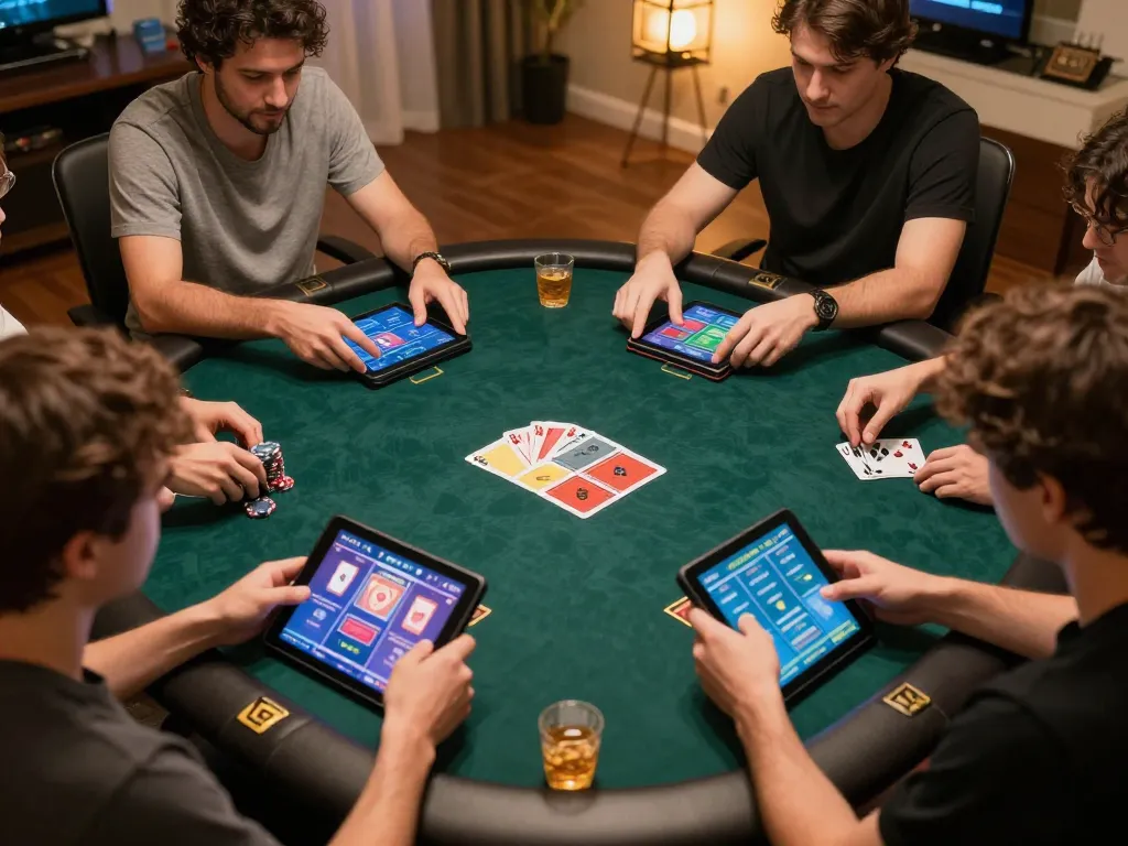Players engaged in online poker strategies using 32win, showcasing home gaming excitement.