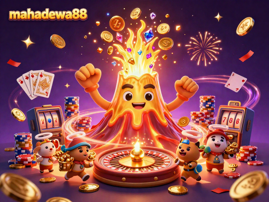 Experience the thrill of mahadewa88 with a vibrant 3D illustration depicting a golden volcano eruption and treasure-filled adventure.