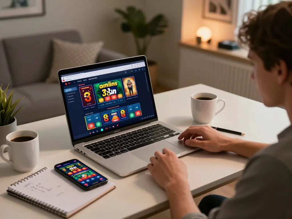 Experience the excitement of 33win online gaming with a stylish setup featuring a mobile app and strategic notes.
