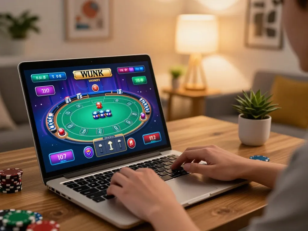 Keen player enjoying kp88 casino games on laptop, illustrating engaging online gambling experience