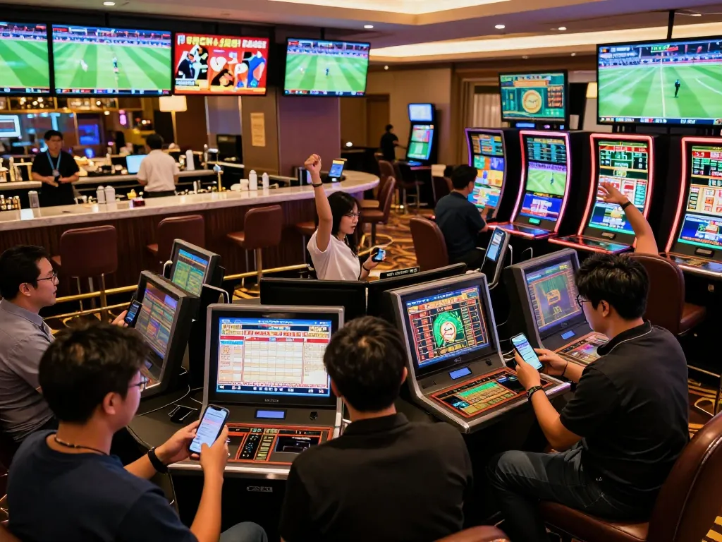 Enthusiastic bettors celebrating a win while checking soi kèo nhà cái and live sports odds in a stylish casino lounge.