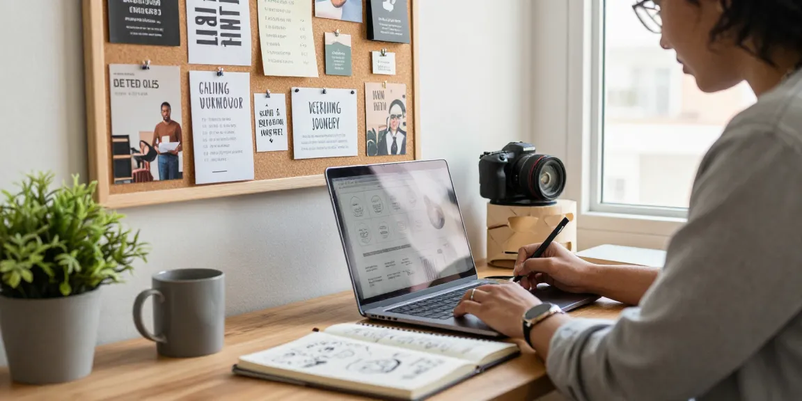 Perjalanan branding pribadi dengan individu di kantor rumah yang nyaman, menampilkan halte4d pada catatan dan inspirasi.