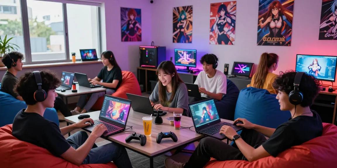 Engaging scene of friends enjoying hentai games in a vibrant gaming lounge, showcasing diverse gaming setups and lively atmosphere.