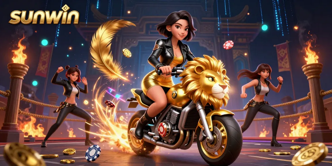 Experience the excitement of sunwin as a glamorous woman rides a golden lion mascot in this vibrant casino scene.