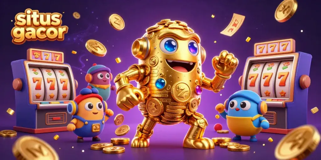 Experience the thrill of gaming at situs gacor with a vibrant 3D scene filled with golden golems and slot machines.