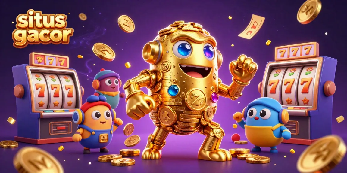 Experience the thrill of gaming at situs gacor with a vibrant 3D scene filled with golden golems and slot machines.