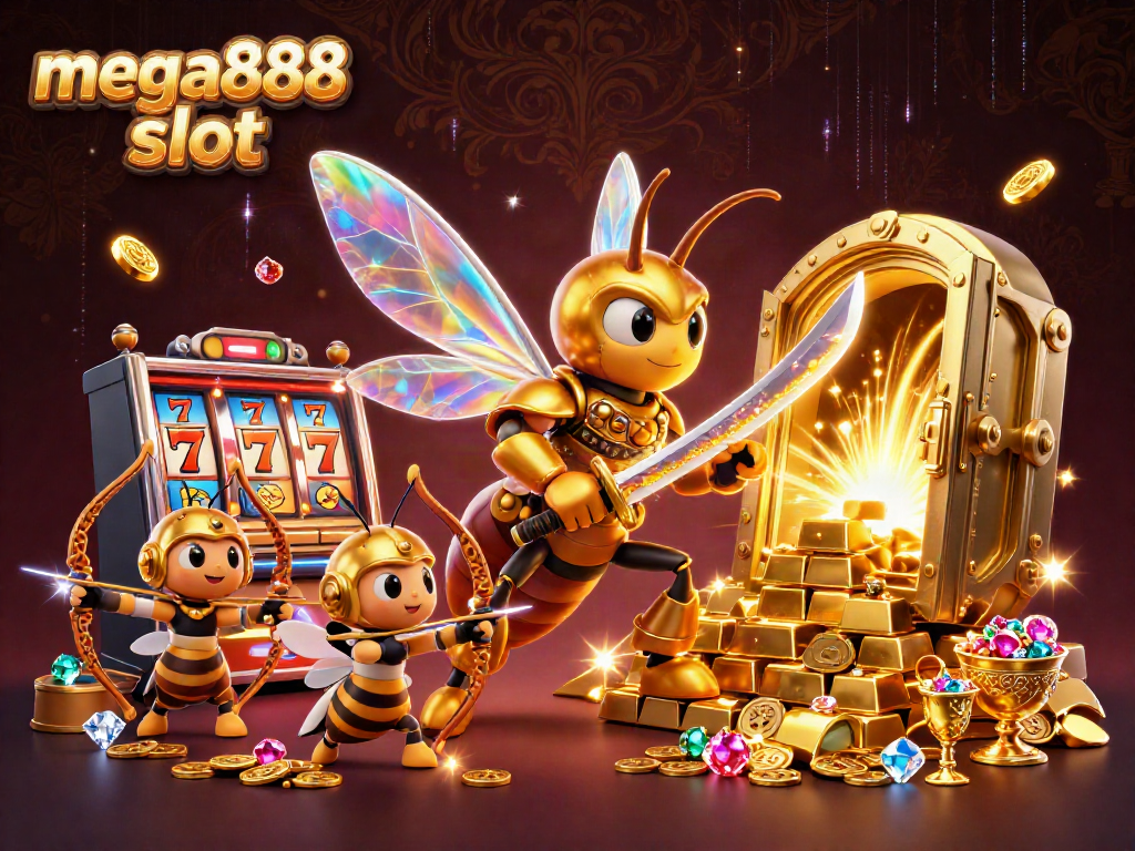 Experience the thrill of mega888 slot with a vibrant 3D casino scene featuring dynamic characters and elements.