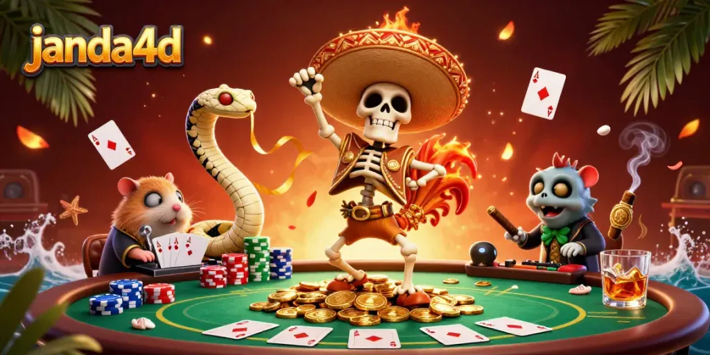 Janda4d memperkenalkan suasana kasino dengan kerangka mariachi, ular mummy, dan hamster DJ di antara tumpukan koin emas.