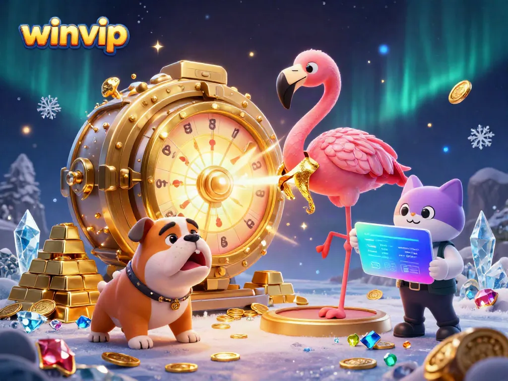 Excited bulldog contests with winvip game show host while spinning the prize wheel amid sparkling treasure.