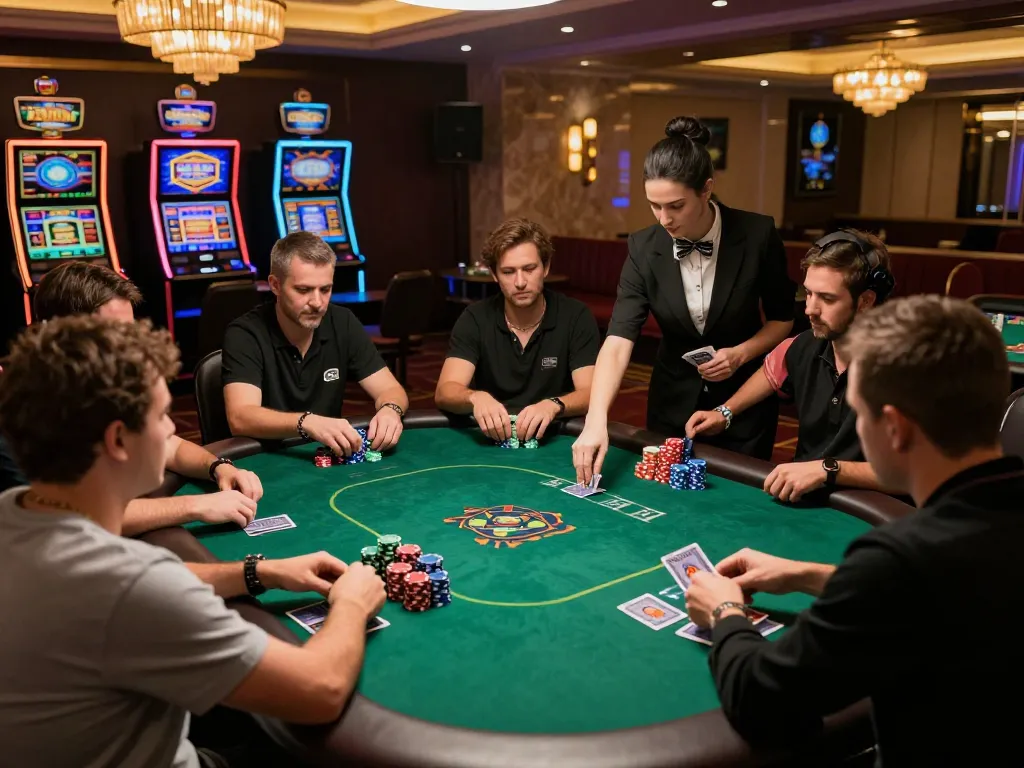 Pfly88 players strategizing at a high-stakes poker table in an upscale casino atmosphere.
