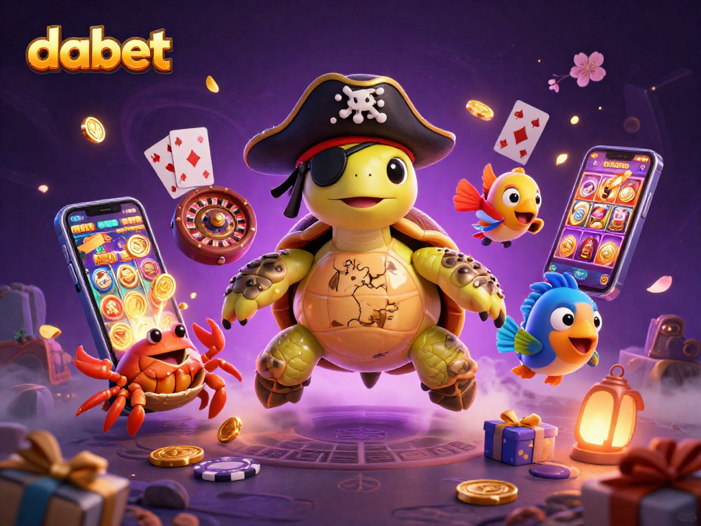 dabet's 3D pirate turtle leads a vibrant casino adventure with colorful slot games and treasure