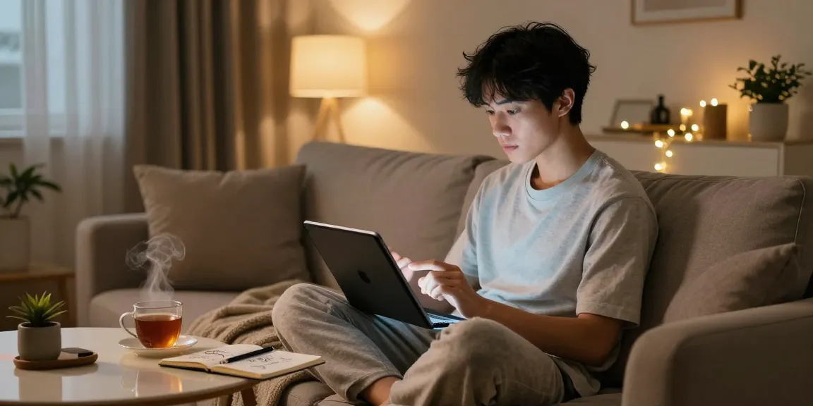 User interacting with NSFW AI chatbot on a tablet in a cozy living room, showcasing modern digital engagement.