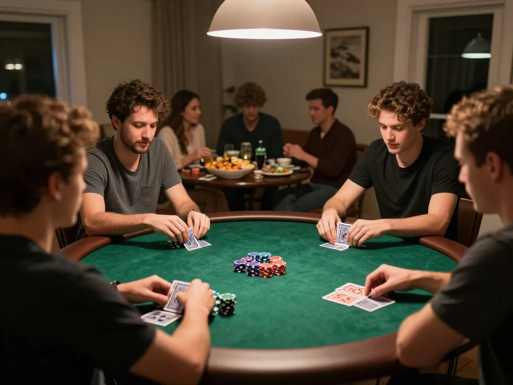 Players enjoying a friendly poker night, showcasing the Top 10 nhà cái uy tín strategies in an engaging home setting.