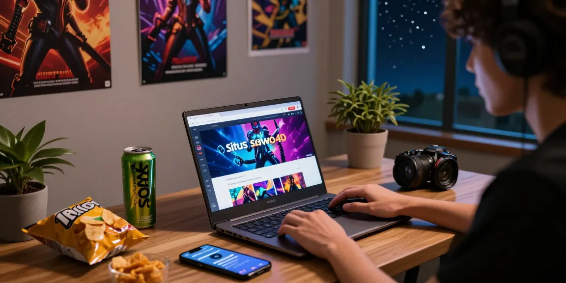 User enjoying the Situs sawo4d platform on a laptop in a cozy gaming setup with snacks and vibrant decor.