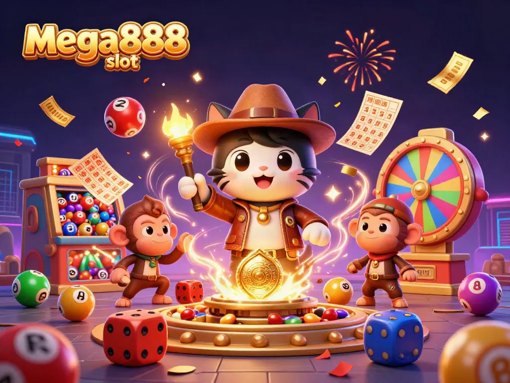 Experience thrilling mega888 slot adventures amidst vibrant casino elements and characters!