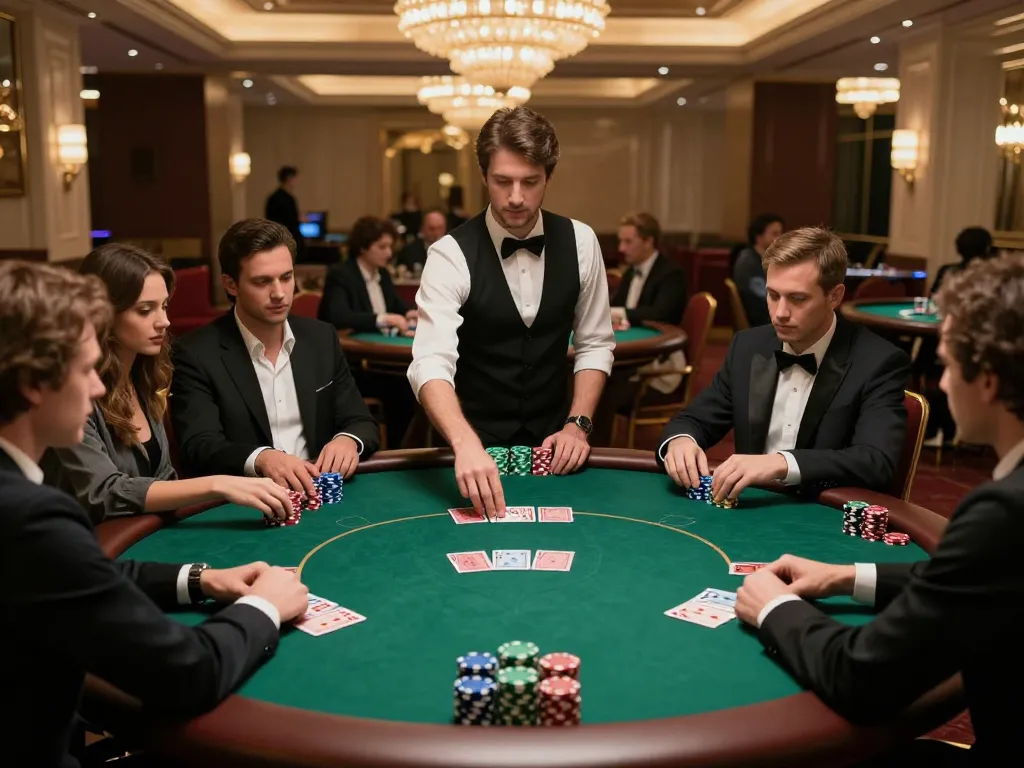 BL555 players strategizing in a high-stakes poker game at an upscale casino.