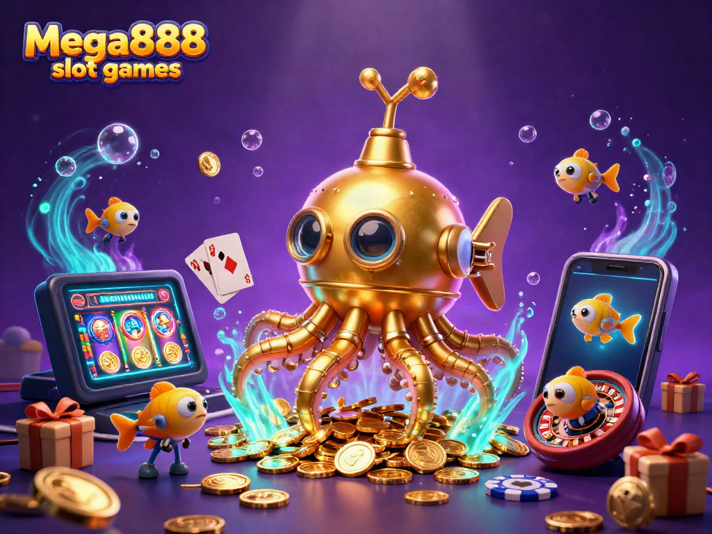 Experience thrilling Mega888 slot games with an illustrated golden kraken submarine and vibrant slot visuals.