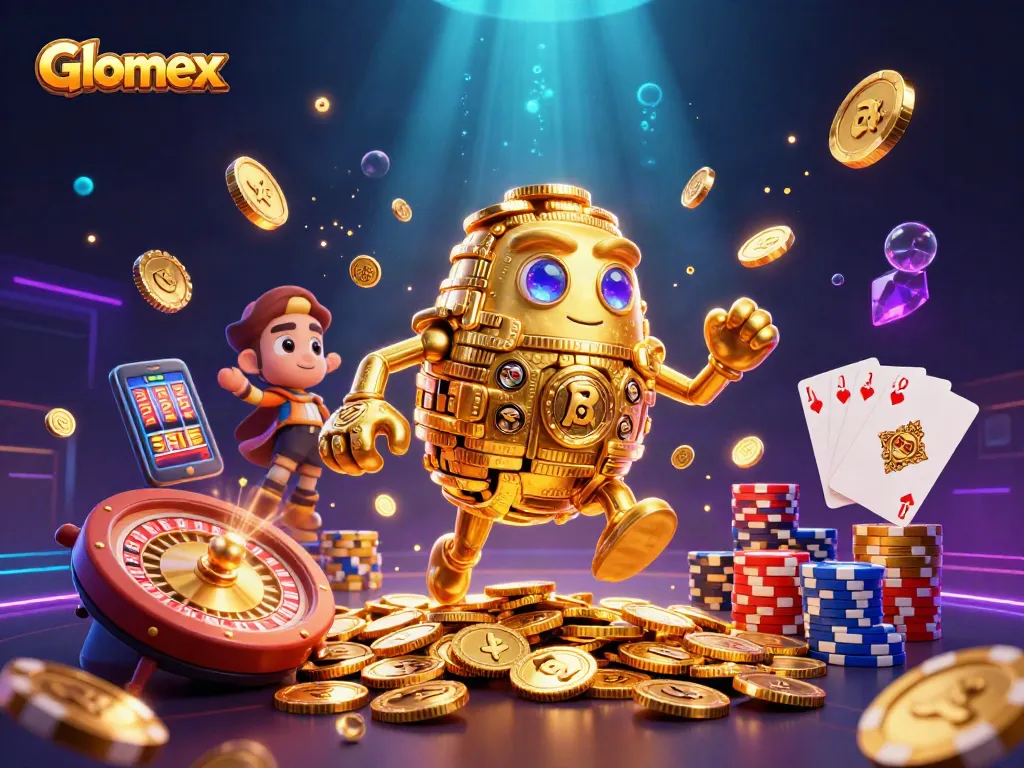 Engage with thrilling Glomex slots featuring cascading gold coins and a vibrant 3D scene.