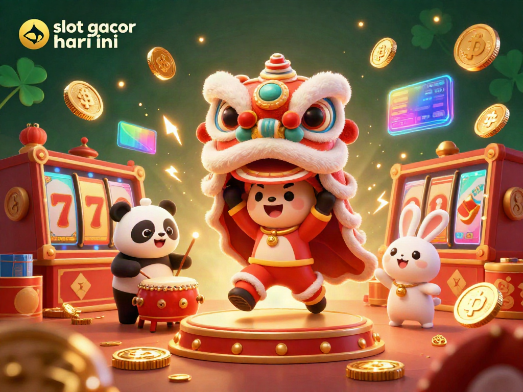 Merayakan slot gacor hari ini dengan karakter unik, kostum tari singa, dan elemen kasino.