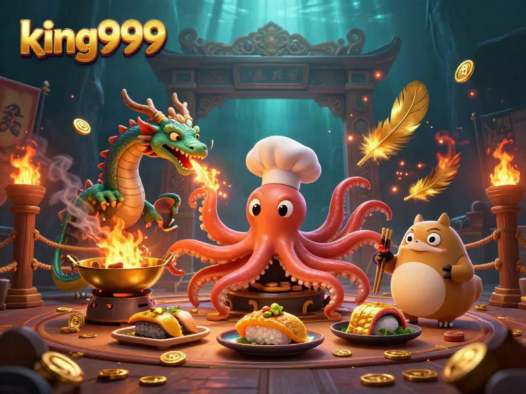 Gambarlah king999 dengan chef sushi gurita dan naga dalam pertempuran kasino yang seru.