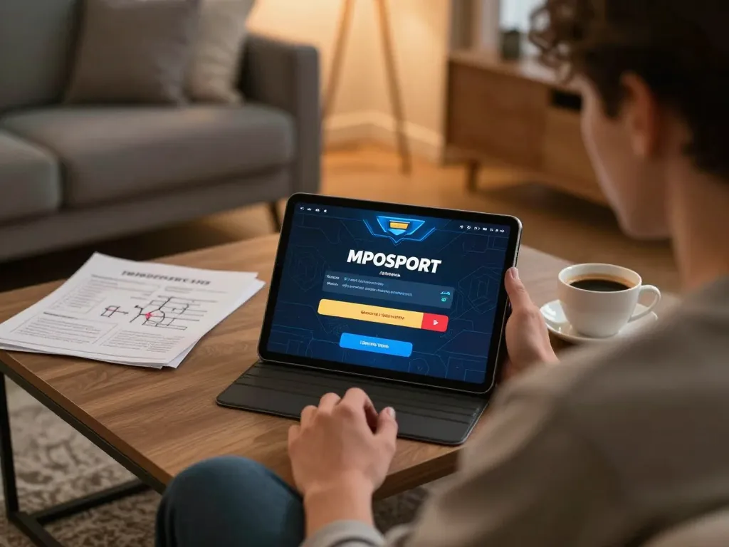 login mposport on a tablet in a cozy home setup for professional online gaming