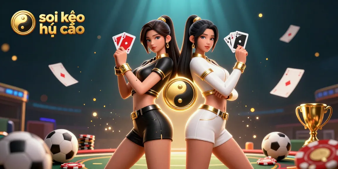 Engage with soi kèo nhà cái for strategic sports betting insights, featuring twin Asian women with playing cards and sports elements.