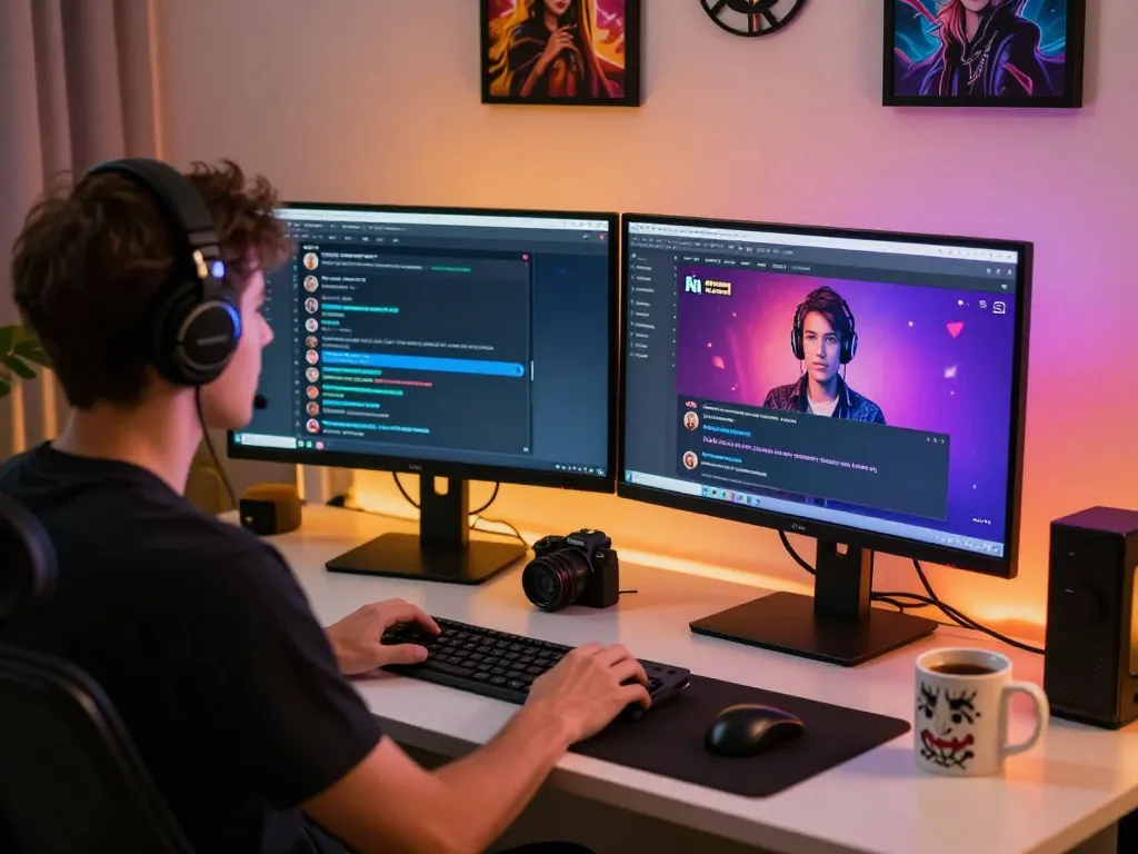 Engaging in ai sex chat in a modern workspace with vibrant digital interfaces and personalization elements.