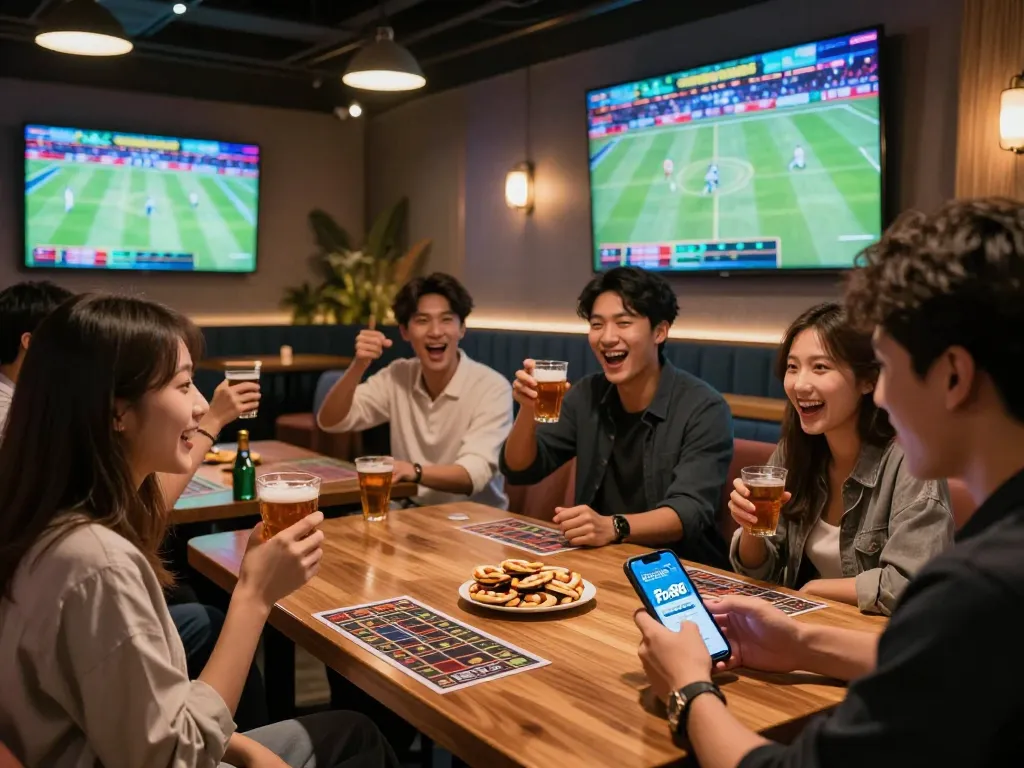 Cheerful friends enjoying sports betting at Fun88 app in stylish lounge.