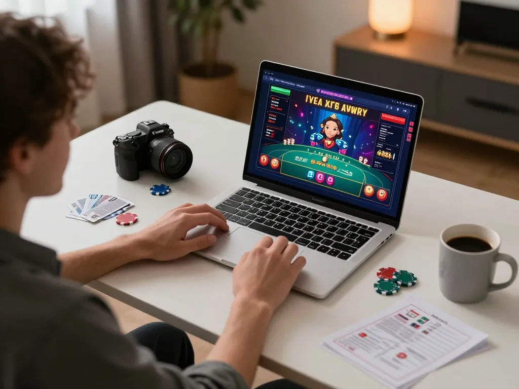 Player explores RR88 online casino with cards and chips visible on laptop screen during a live dealer game.